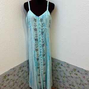 Vintage 1990’s Henna light blue tie dyed embroidered black floral dress. Size 1X